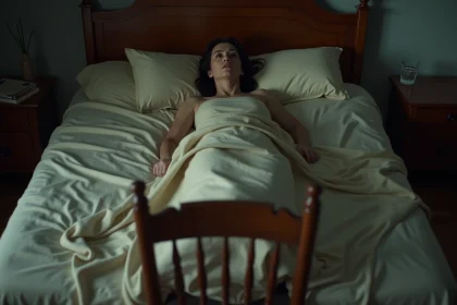Femme allongée dans son lit regardant avec malaise une chaise placée au pied du lit dans une chambre à l'ambiance inquiétante
