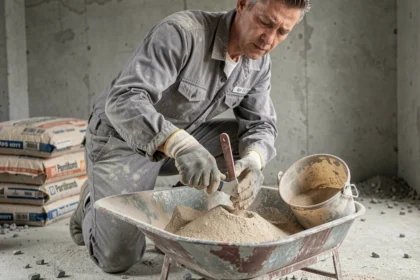 Ouvrier mesurant les proportions de sable et ciment pour préparer une chape mortier sur un chantier