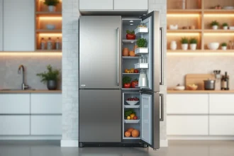Réfrigérateur moderne en acier inoxydable dans une cuisine contemporaine avec porte entrouverte révélant des aliments organisés