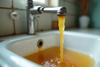 Eau jaune et rouillée qui coule d'un robinet de cuisine chromé dans un évier blanc, révélant une contamination des canalisations