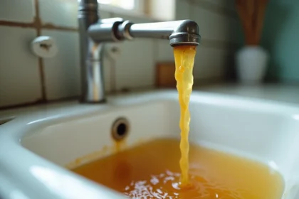 Eau jaune et rouillée qui coule d'un robinet de cuisine chromé dans un évier blanc, révélant une contamination des canalisations
