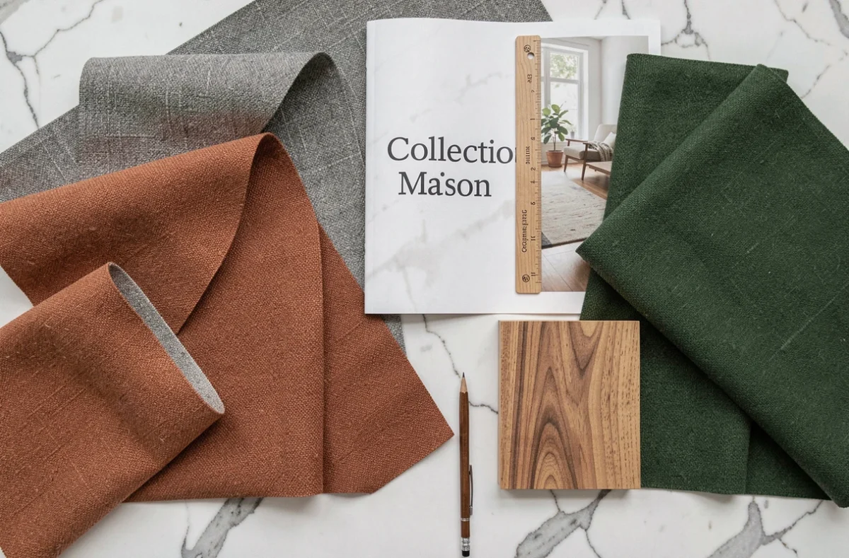 Échantillons de tissus et bois pour comparer les collections de mobilier Maison Éthier et ses concurrents sur marbre blanc