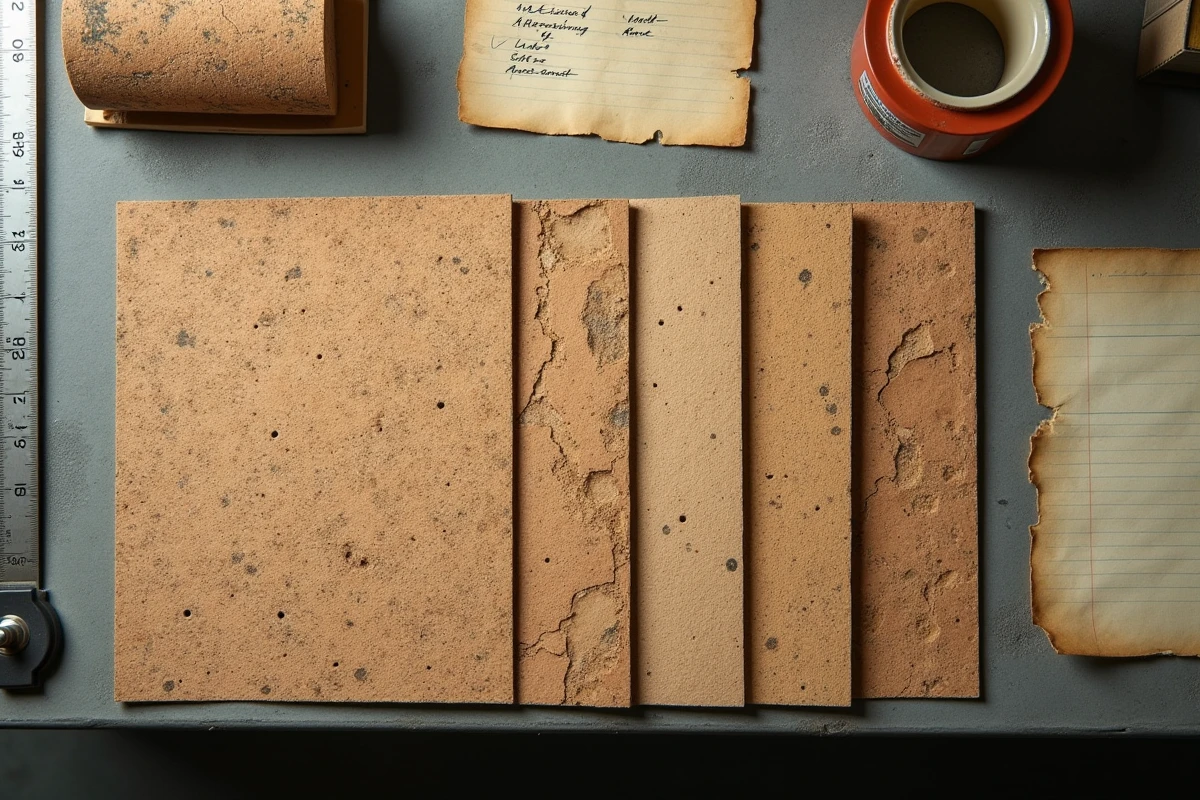 Échantillons de liège présentant usure, moisissures et déformations sur un établi en béton, comparaison des défauts du matériau
