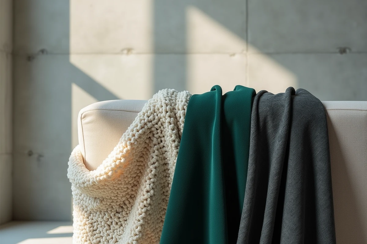 Gros plan sur des échantillons de tissu pour canapé — bouclé, velours et chevrons — posés sur un accoudoir