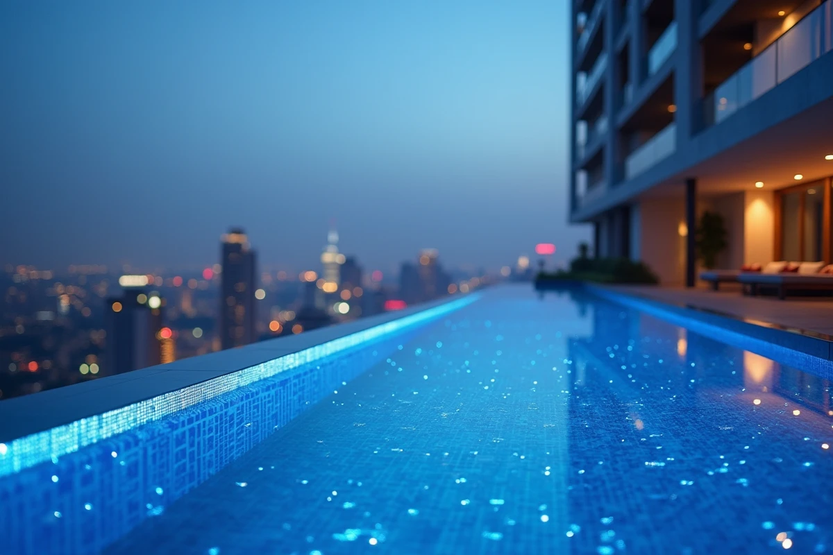 Piscine à débordement d'hôtel de luxe avec éclairage à fibre optique formant un motif étoilé sous l'eau, en arrière-plan un panorama urbain flou au crépuscule