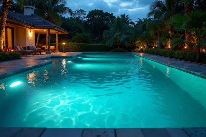 Piscine résidentielle avec éclairage LED subaquatique teal au crépuscule, entourée de dalles en pierre naturelle et de plantes tropicales