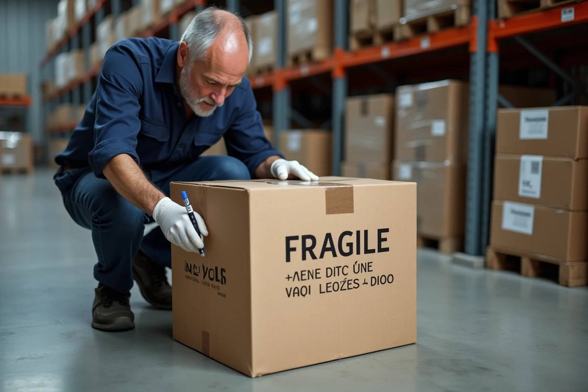 Homme marquant un grand carton fragile au marqueur noir dans un entrepôt d'expédition industriel