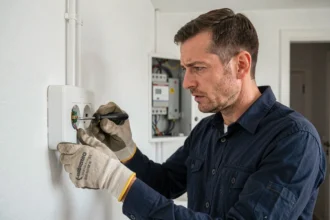 Électricien inspectant une prise Legrand double mal installée sur un mur blanc dans un appartement moderne