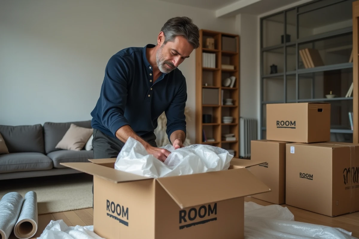 Homme emballant des objets fragiles dans des cartons étiquetés lors de la préparation d'un déménagement
