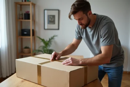 Homme emballant un colis encombrant avec du scotch marron dans un appartement, préparation d'un envoi Mondial Relay