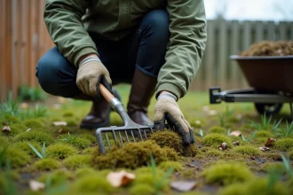 Homme en train de détartrer la mousse d'un gazon en automne avec un râteau scarificateur