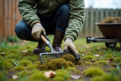 Homme en train de détartrer la mousse d'un gazon en automne avec un râteau scarificateur