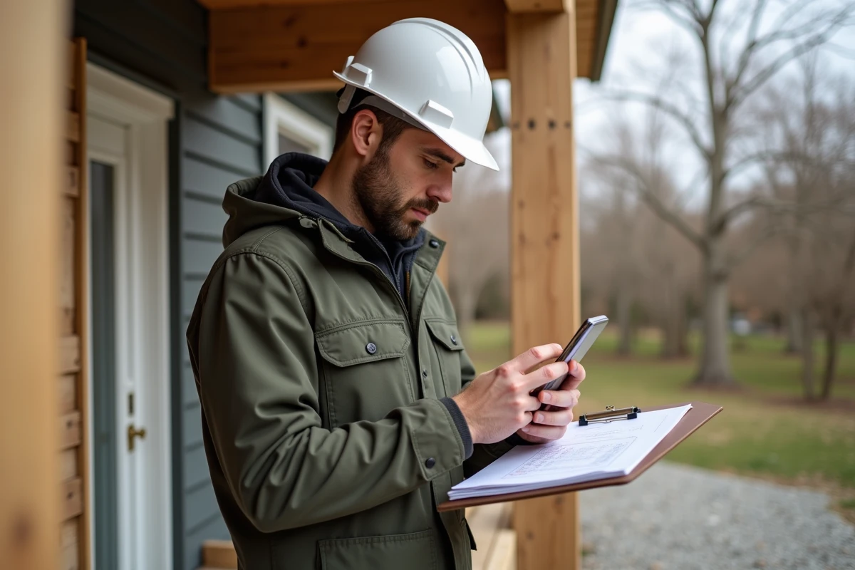 Entrepreneur en bâtiment consultant les avis d'un site de rénovation maison sur smartphone devant une façade en travaux