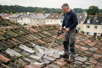 Homme utilisant un Karcher sur un toit en tuiles recouvert de mousse lors d'un entretien annuel de toiture