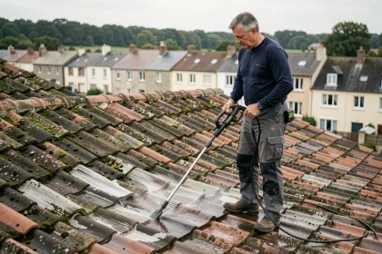 Homme utilisant un Karcher sur un toit en tuiles recouvert de mousse lors d'un entretien annuel de toiture