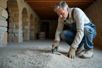 Maçon étalant du gravier concassé sur le sol d'une cave en pierre, préparation du drainage