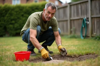 Homme qui épand de l'engrais granulaire sur un gazon clairsemé dans un jardin de banlieue