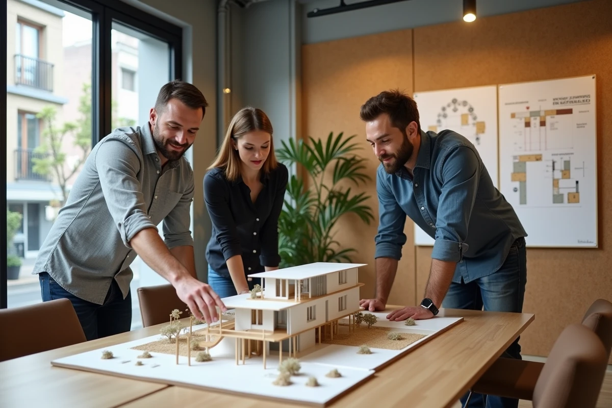 Équipe de professionnels discutant d'un modèle architectural de bâtiment bas carbone en atelier de conception durable