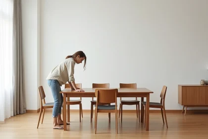 Salle à manger moderne avec espace suffisant entre la table rectangulaire en bois et le mur pour circuler confortablement