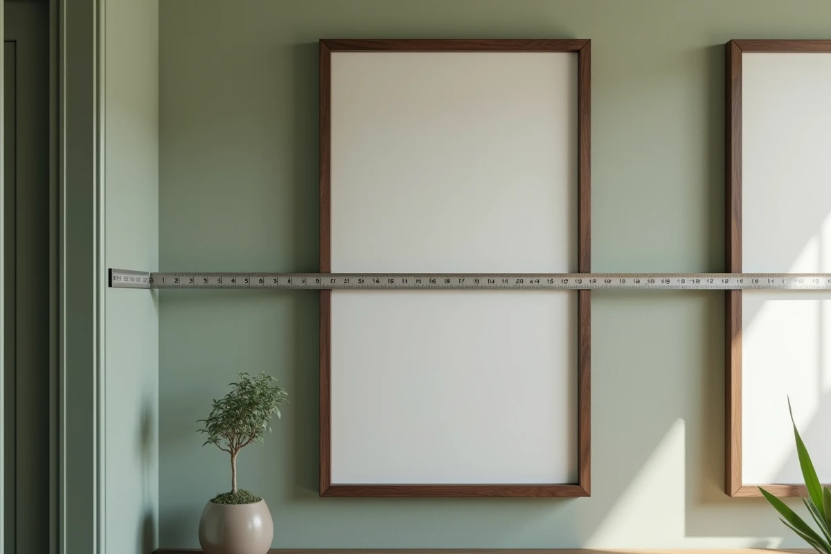 Gros plan sur l'espace mesuré entre deux cadres de tableaux accrochés sur un mur vert sauge avec un mètre ruban