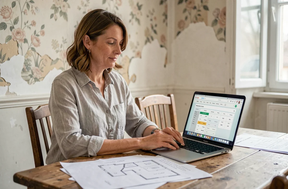 Femme consultant un estimateur de prix de rénovation en ligne dans un appartement en cours de travaux