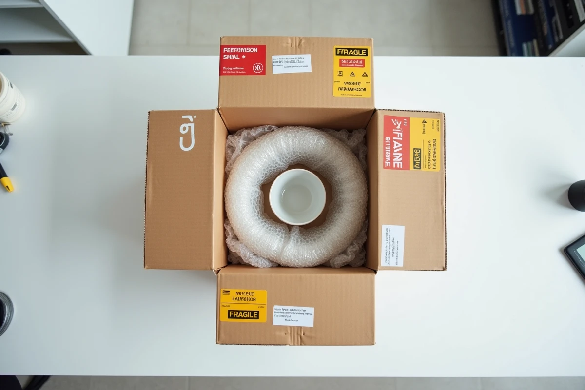 Vue de dessus d'un colis ouvert avec plusieurs étiquettes fragile et un emballage à bulles dans un bureau de poste