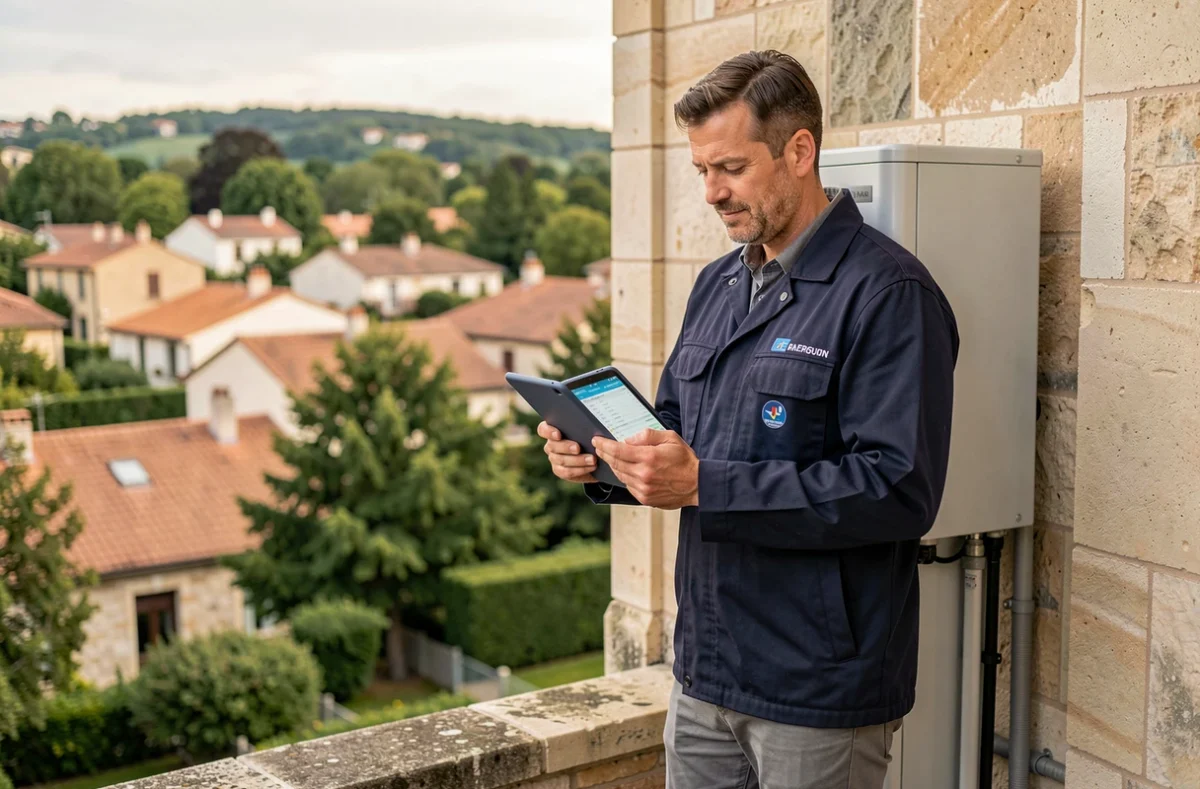 Technicien de l'entreprise Planète Energies vérifiant l'installation d'une pompe à chaleur à Lyon