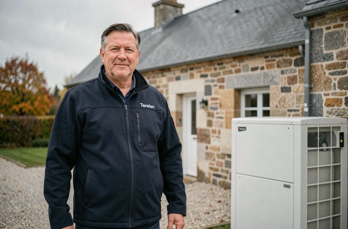 Installateur EURL Terelec spécialisé en pompe à chaleur devant une maison bretonne en Ille-et-Vilaine