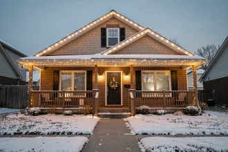 Façade de maison décorée de guirlandes lumineuses blanches chaleureuses pour Noël en hiver
