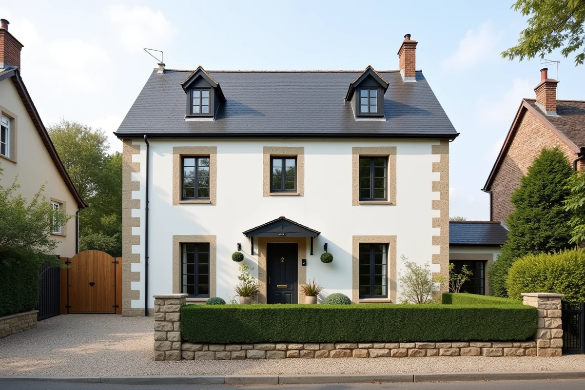 Façade de maison de banlieue rénovée avec enduit blanc neuf et pierres apparentes autour des fenêtres