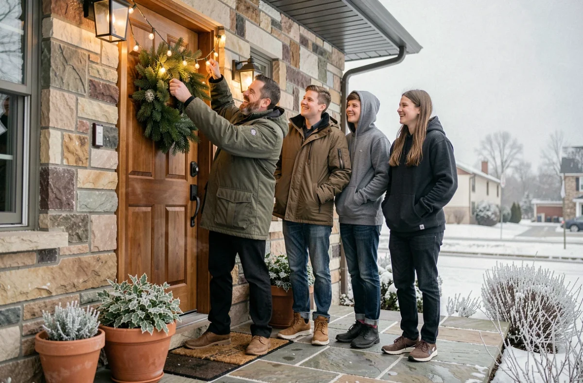 Famille décorant le porche de leur maison avec des guirlandes lumineuses blanches pour Noël