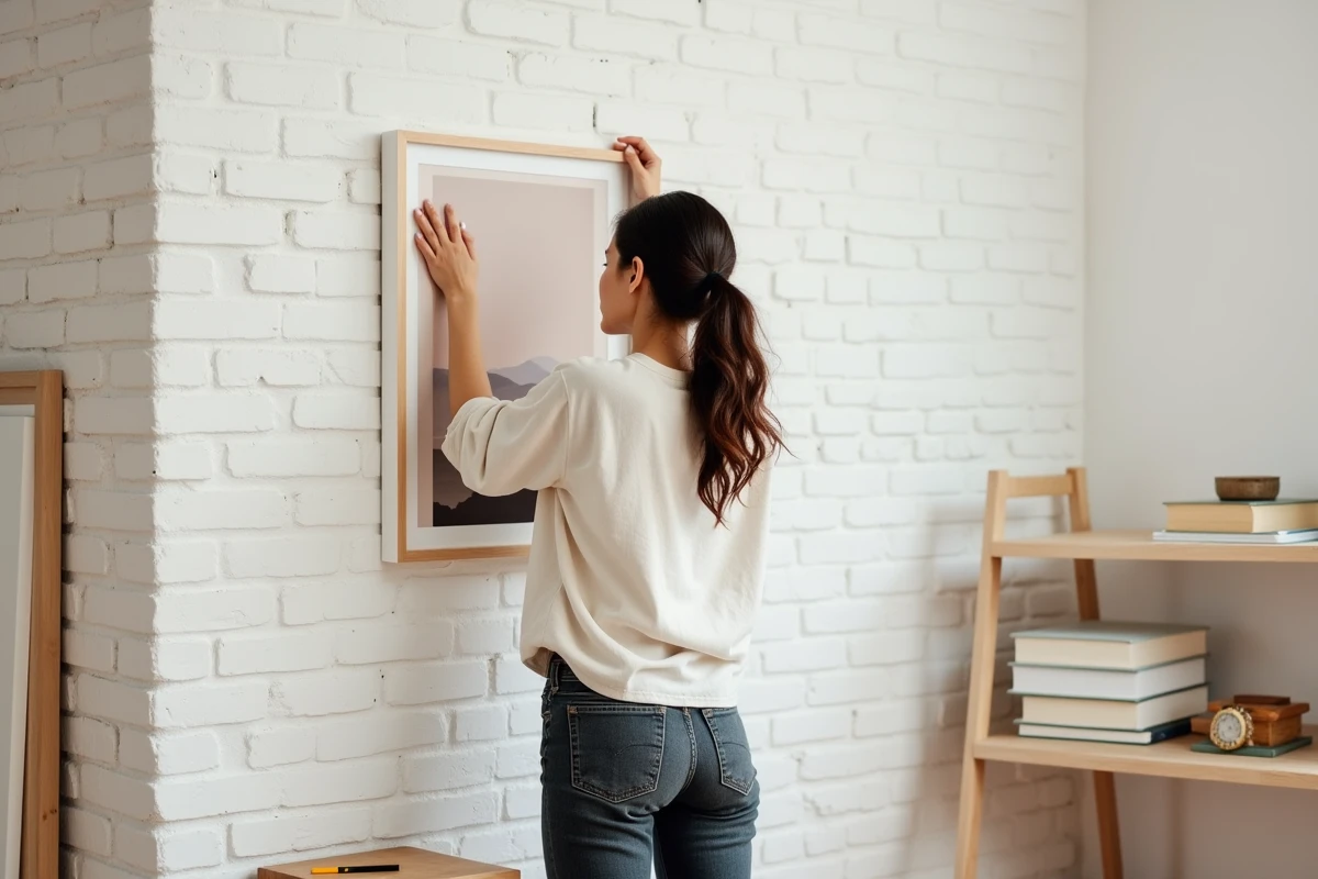 Femme positionnant un second tableau sur un mur en brique blanche à côté d'un premier cadre déjà accroché dans un atelier créatif