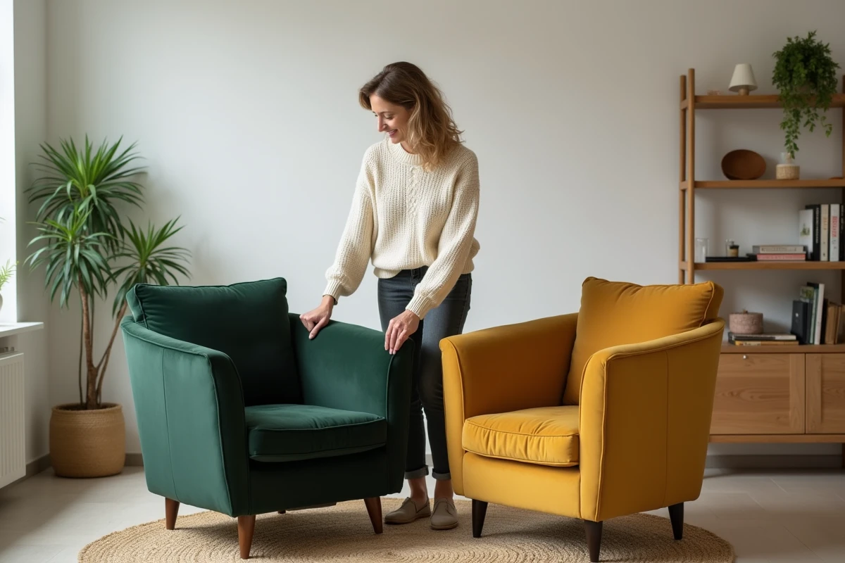 Femme réarrangeant un fauteuil vert dans un salon de style scandinave