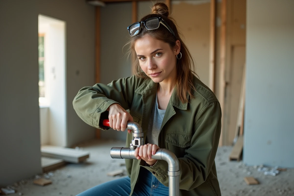 Femme artisane utilisant une clé à main professionnelle lors de travaux de rénovation résidentielle, outillage de qualité
