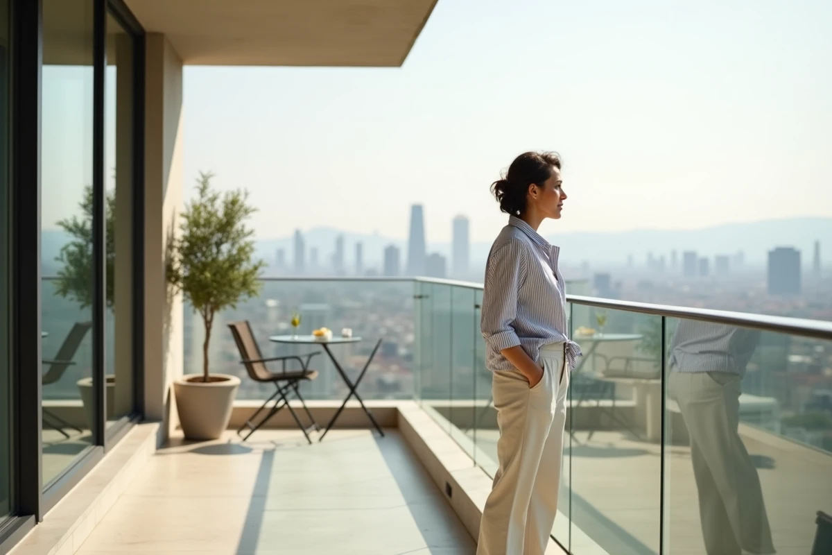 Femme debout sur un balcon filant contemporain spacieux avec vue panoramique sur la ville, garde-corps en verre et acier
