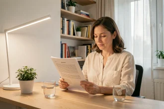 Femme travaillant dans un bureau à domicile sous un éclairage blanc chaud favorisant le bien-être visuel