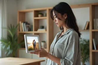 Femme examinant un cadre photo connecté dans un salon scandinave moderne, comparant la qualité de l'écran