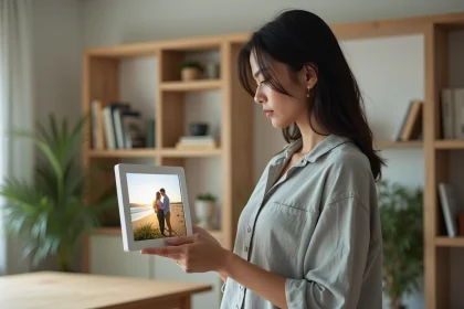 Femme examinant un cadre photo connecté dans un salon scandinave moderne, comparant la qualité de l'écran
