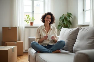Femme souriante assise sur un canapé dans un appartement en cours d'emménagement, tenant une tasse de café entourée de cartons