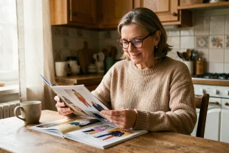 Femme mature feuilletant un catalogue mode Blancheporte à la table de sa cuisine