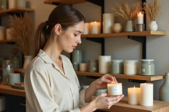 Femme choisissant une bougie dans une boutique de décoration artisanale