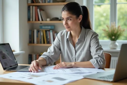 Femme consultant des plans de rénovation maison et un site web spécialisé pour préparer son projet immobilier
