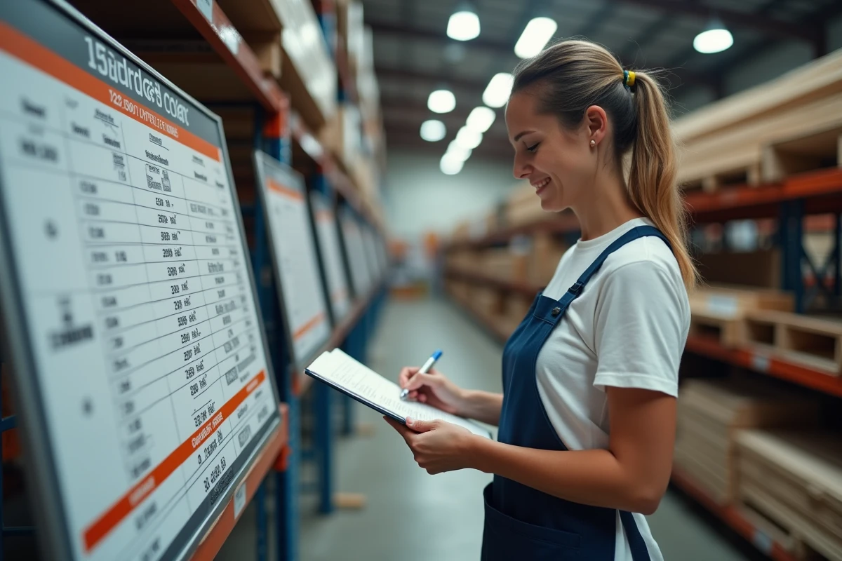 Femme consultant un tableau de référence des dimensions standard dans un magasin de bricolage, prenant des notes sur un carnet