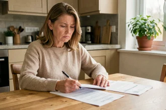 Femme examinant un contrat d'assurance habitation à la table de sa cuisine dans une maison de 120m2