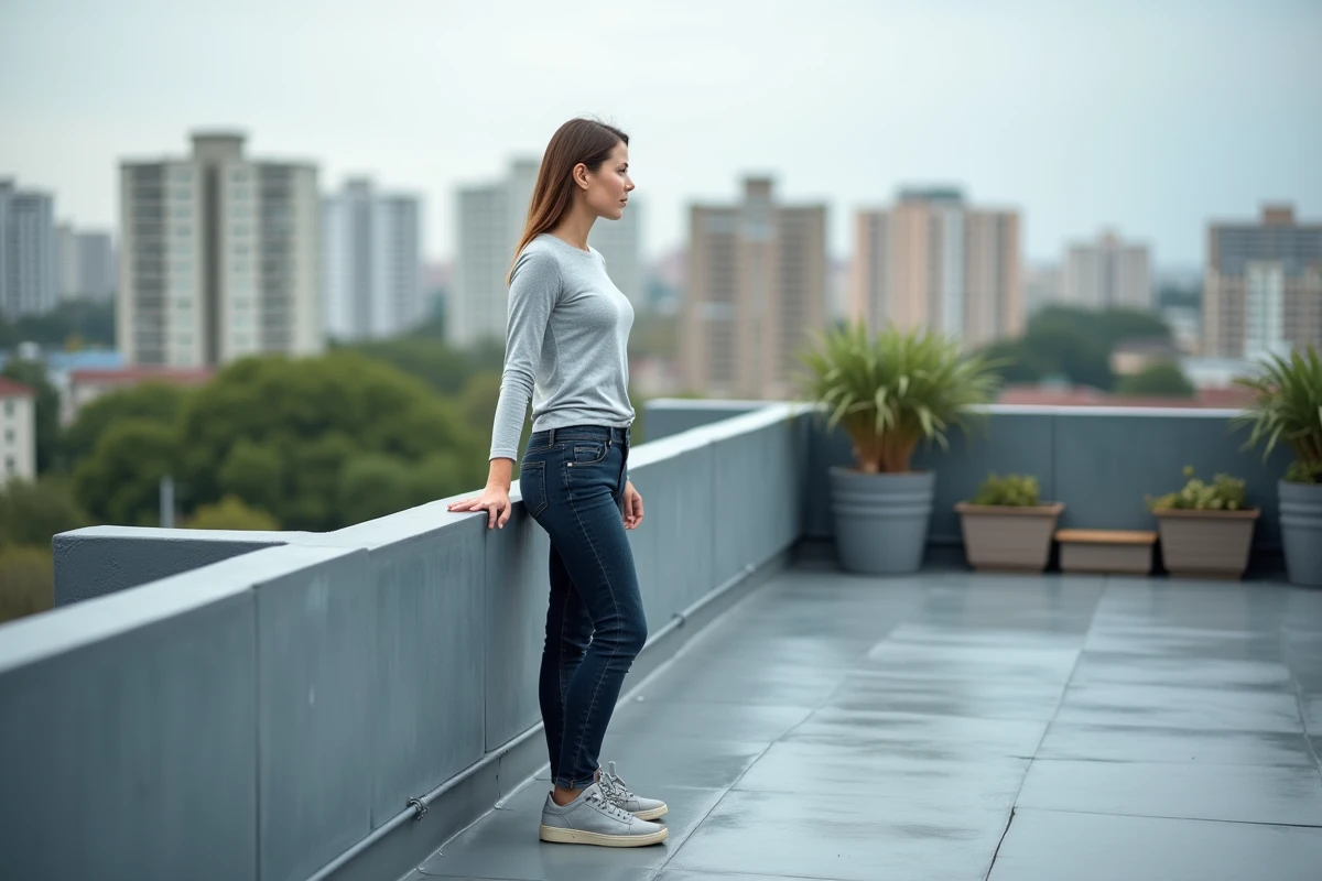 Femme debout sur un toit plat urbain regardant le bord avec prudence depuis une terrasse de maison moderne