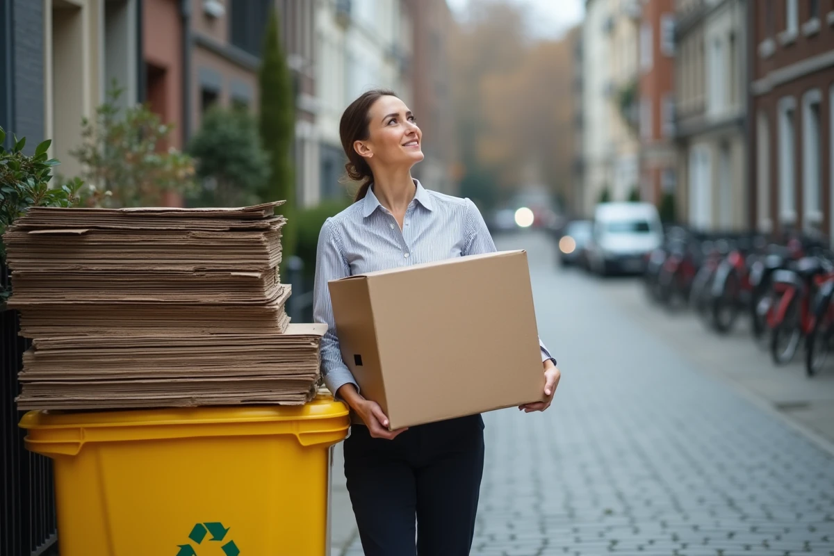 Femme déposant de grands cartons aplatis dans un bac de recyclage sur un trottoir urbain