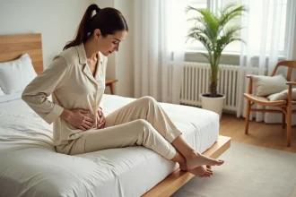 Femme assise sur le bord d'un lit tenant son bas du dos, illustrant les douleurs lombaires et le choix du bon matelas