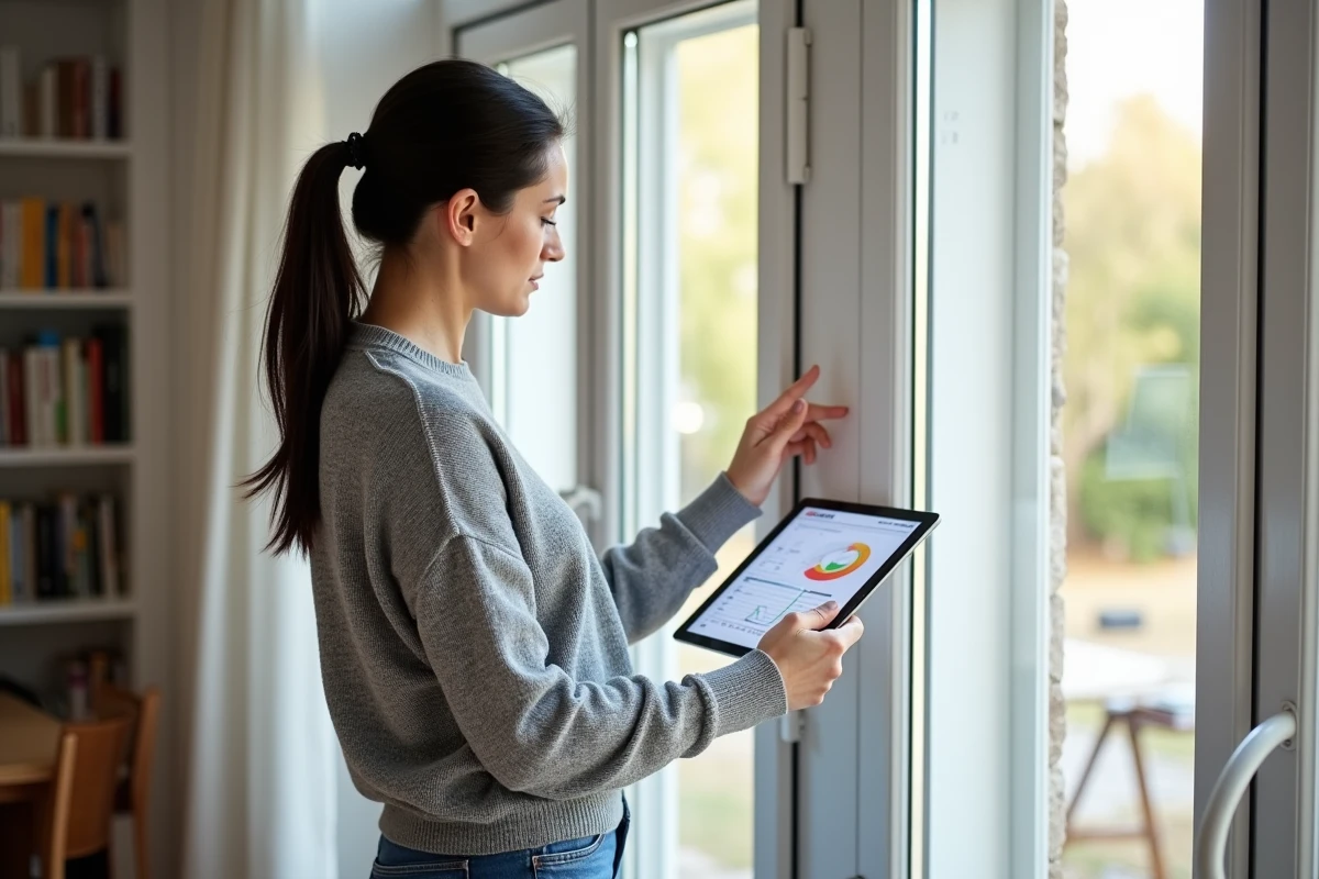 Femme consultant un document DPE près d'une fenêtre double vitrage dans un appartement rénové