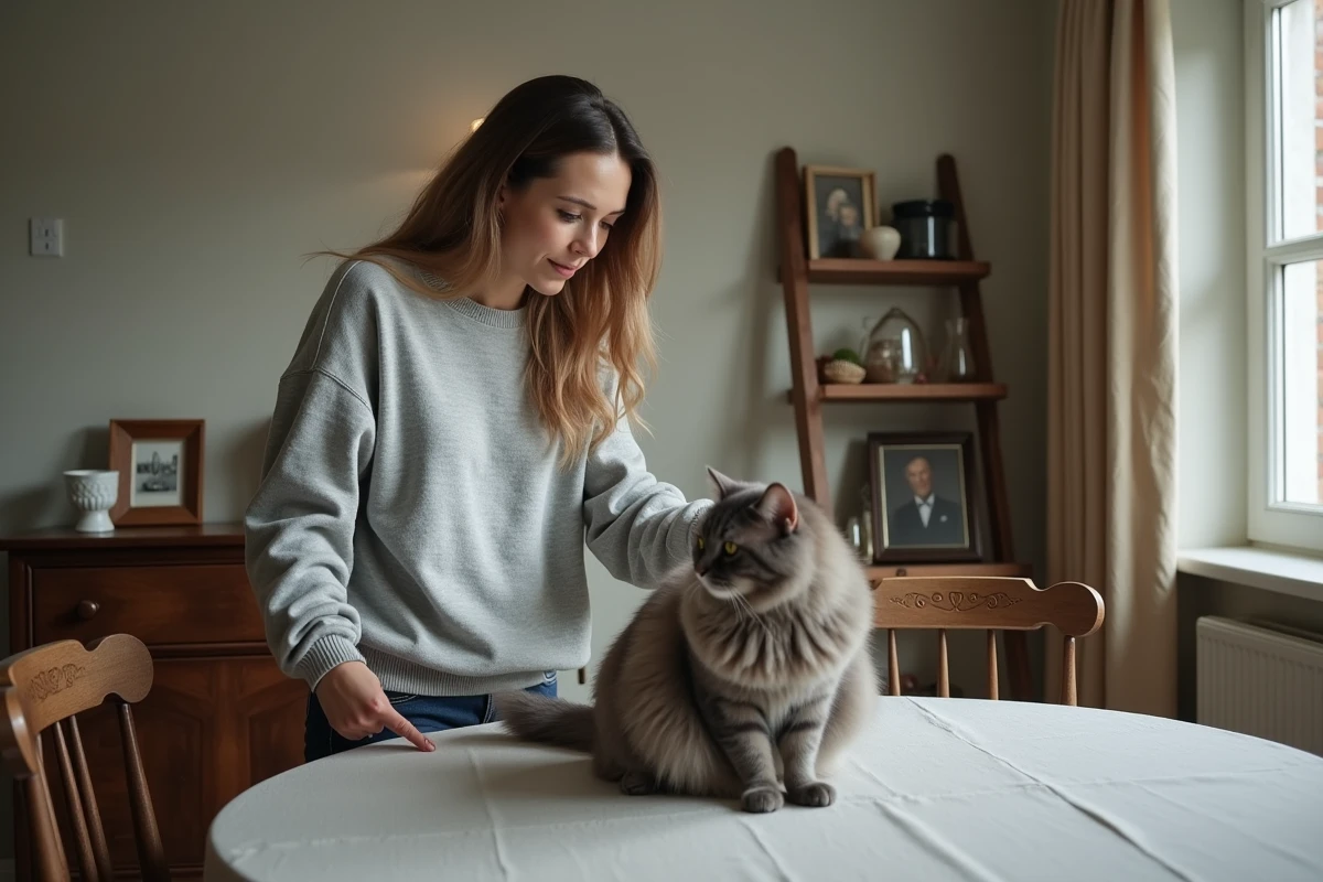 Jeune femme qui redirige son chat loin de la table à manger avec un geste calme et ferme