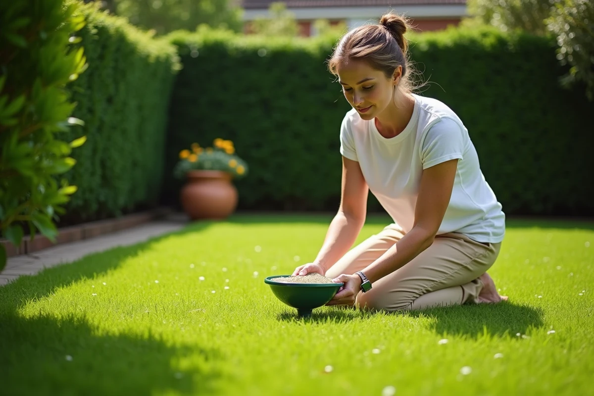 Femme appliquant de l'engrais sur une pelouse verte et uniforme dans un jardin suburban